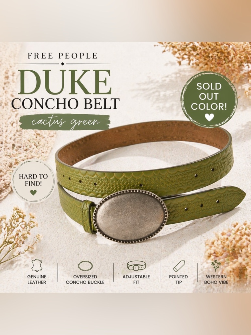 Free People Duke Concho Belt Cactus Green SOLD OUT Leather Western Boho S/M NWOT
